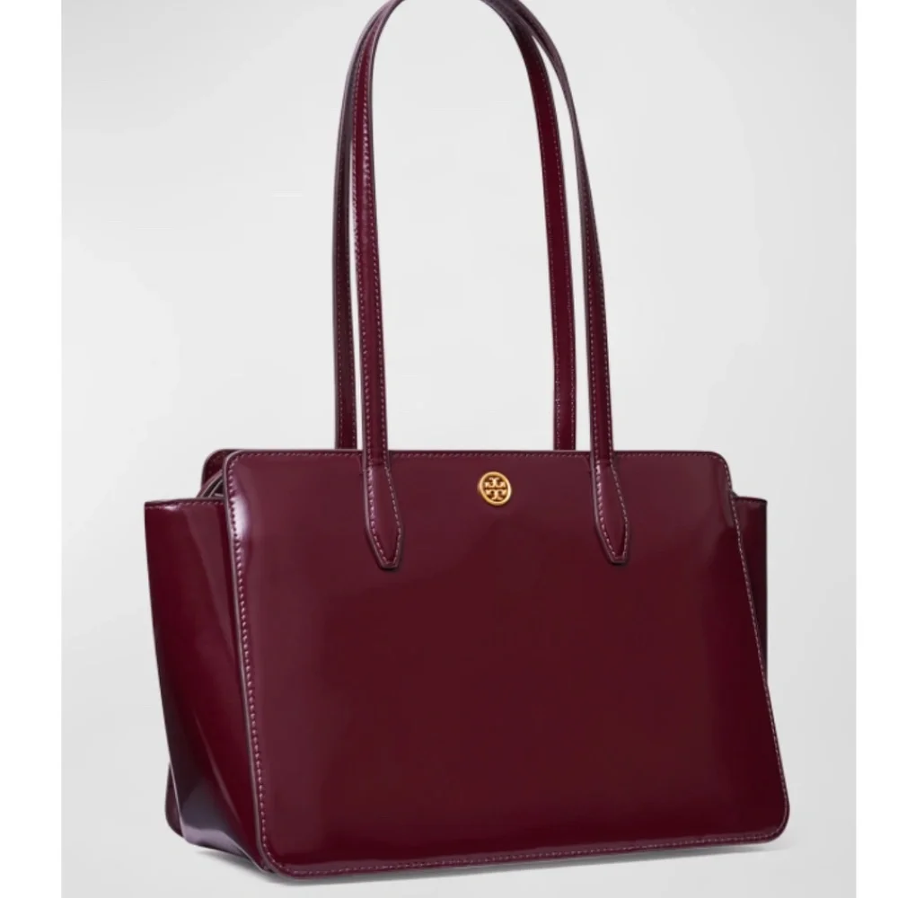 NWT $448 Tory Burch Robinson Small Shiny Leather Tote Bag in Beetle Berry!